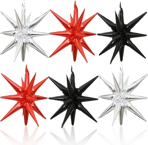 Miniatura 17 de HILAVO 6 unidades de Globos de Estrella Negros y Rojos, 22 Pulgadas, Globos de Aluminio Grandes en Forma de Estrella, Globos de Cono en Punta