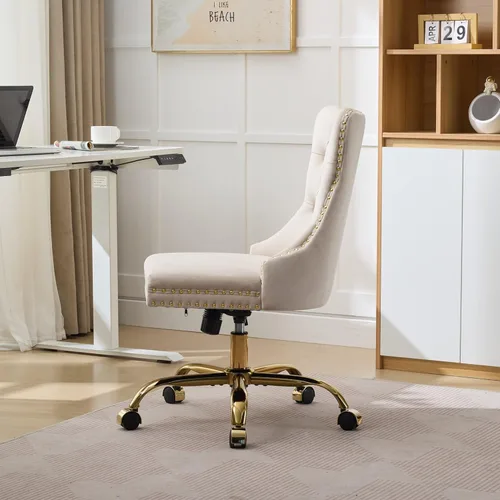Miniatura 9 de Silla de tocador con respaldo cómodo, silla de oficina en casa con base de metal dorado, sillas modernas tapizadas de terciopelo, sillas de Beige