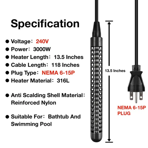 Miniatura 2 de GRILLME Calentador de agua para bañera y piscina de inmersión de 240 V 3000 W, calentador eléctrico portátil totalmente sumergible, calentador