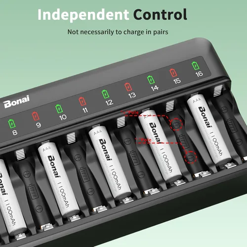 Miniatura 5 de Bonai Baterías AAA recargables con cargador, cargador de batería inteligente rápido de 16 bahías con enchufe de CA americano y baterías triple A