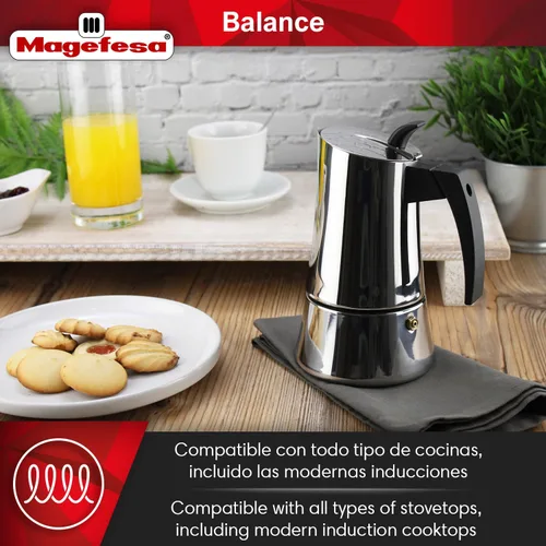 Miniatura 3 de Magefesa Balance - Cafetera de café expreso de acero inoxidable de 6 tazas, cafetera italiana clásica con mango y perilla de baquelita, cafetera