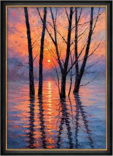 Miniatura 253 de MUDECOR Lienzo enmarcado prémium para pared, pinos nevados en bosque de invierno, ilustraciones modernas, arte contemporáneo, escénico, divertido