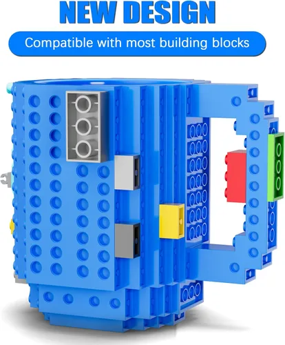 Miniatura 5 de DAYMOO Juego de tazas de ladrillo integradas con 3 paquetes aleatorios de ladrillos 2 en 1, tazas de café geniales para niños, creativas, Azul