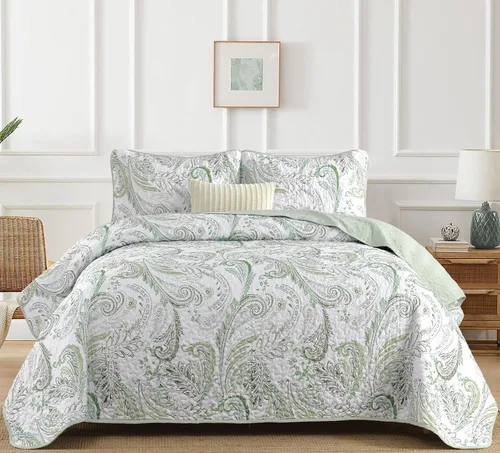 Miniatura 11 de WONGS BEDDING Juego de edredón bohemio tamaño Queen, juego de colcha y cubrecama con estampado floral paisley beige con 2 fundas de almohada, juego