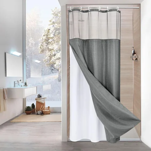 Miniatura 23 de MitoVilla Cortina de ducha pequeña beige de 36 x 72 pulgadas, juego de cortina de ducha de tela de punto gofre de tamaño medio estrecho con forro