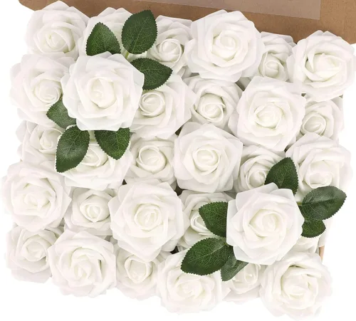 MACTING 30 Rosas Artificiales Blancas Flores Falsas con Tallo Rosas de Espuma de Tacto Real para DIY Arreglos de Ramo de Boda Centros de Mesa White-1