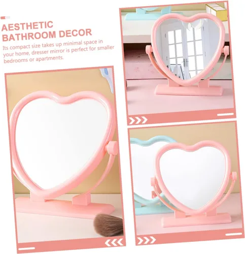 Miniatura 9 de Outanaya Espejo de mesa en forma de corazón de doble cara rosa tocador de escritorio decorativo espejo de 2 lados