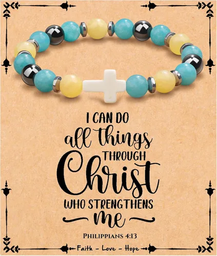 Miniatura 25 de JoycuFF Regalos Cristianos, Pulseras de Cruz para Mujeres, Joyería Cristiana Católica Religiosa de Fe de Pascua, Pulseras de Piedra Natural