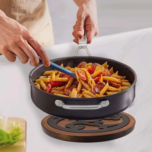 Miniatura 4 de Juego de salvamanteles de hierro fundido con madera de 2 piezas, salvamanteles de madera para platos calientes, almohadillas calientes de cocina