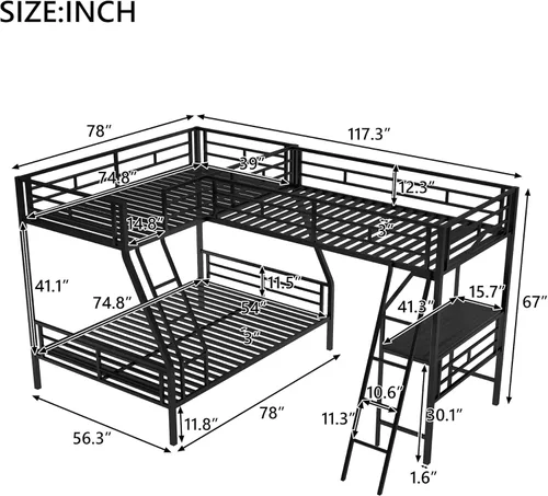 Miniatura 2 de SOFTSEA Literas triples de metal para adolescentes, litera en forma de L individual sobre individual para 3 niños, individual sobre individual sobre