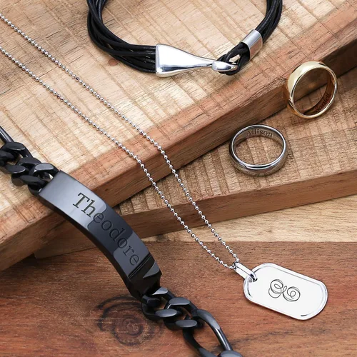 Miniatura 22 de Bling Jewelry Cadena de eslabones cubanos chapada en nombre de identificación para hombre, nombre personalizado, grabado en tono plateado, acero