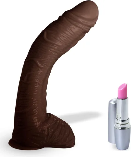 LeLuv Dildo Big Bent - Taza de succión realista de 10 pulgadas, paquete de chocolate curvo y venoso grueso con lápiz labial secreto