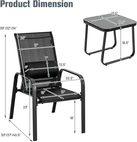 Miniatura 5 de Tangkula Juego de 3 piezas de bistró para exteriores, sillas apilables para patio con respaldo ajustable y plegable, reposacabezas extraíble y mesa