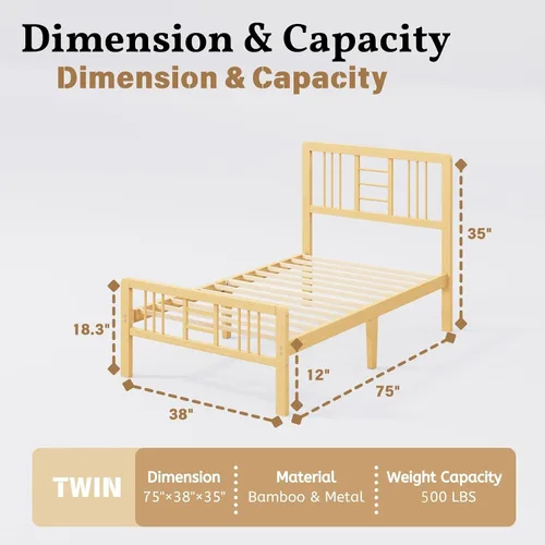 Miniatura 2 de Marco de cama de madera de bambú de 12 pulgadas con cabecero y estribo, marco de cama con soporte de listones de metal, resistente, no necesita