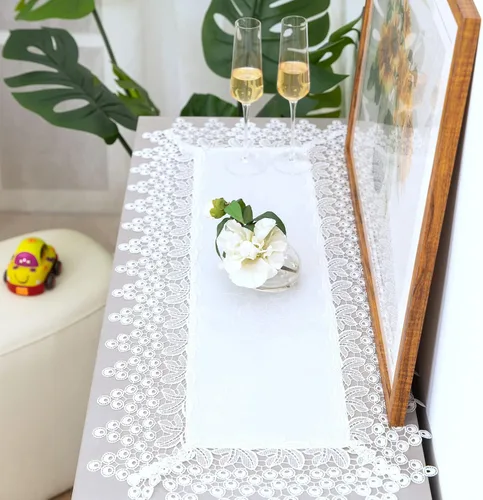 Miniatura 25 de Camino de mesa rectangular de granja de encaje beige premium, impermeable, a prueba de aceite, a prueba de derrames, antiencogimiento, suave