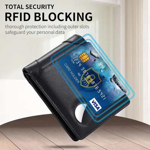Miniatura 12 de Swallowmall AirTag Billetera para hombre con bloqueo RFID, de piel auténtica, plegable, para AirTag con 1 ventana de identificación, 13 tarjeteros