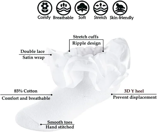 Miniatura 23 de Dicry Calcetines de encaje doble para niñas pequeñas con puños ondulados y volantes grandes para bebés y niños