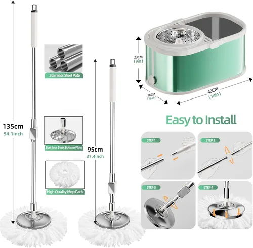 Miniatura 7 de Trapeador giratorio y cubo con escurridor para el hogar, trapeador de 360° y cubo con agua limpia y sucia separada, mopa de polvo húmedo para Negro