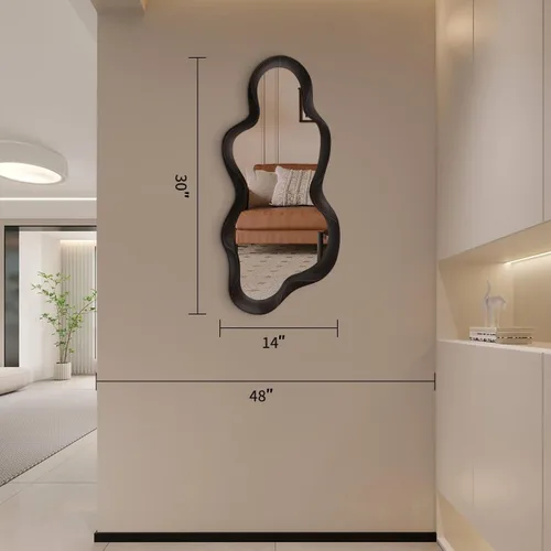 Miniatura 6 de Espejo de pared irregular de 30 x 14 pulgadas, espejo de pared con marco negro de madera asimétrico ondulado para sala de estar, dormitorio