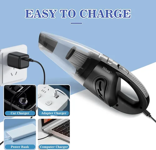 Miniatura 6 de Hiluce Aspiradora portátil inalámbrica para automóvil, aspiradora de mano de alta potencia para húmedo y seco, recargable por USB, ligera, bolsa