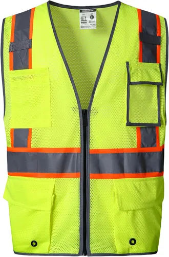 Miniatura 21 de SKSAFETY Chaleco de seguridad de nivel profesional con 10 bolsillos, chaleco de alta visibilidad clase 2 con cremallera, chaleco de alta visibilidad