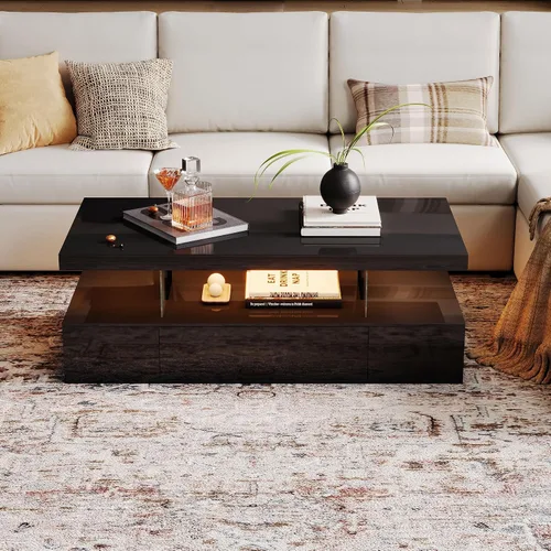 Miniatura 3 de ChooChoo Mesa de centro LED moderna, mesa central de alto brillo con cajón, mesa de centro negra con almacenamiento para sala de estar, dormitorio