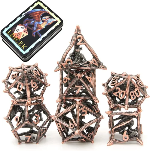 Miniatura 8 de Juego de dados DND de metal con caja, 7 dados huecos D&D, juego de dados poliédricos de cobre para Dungeons and Dragons Steampunk Poliédricos