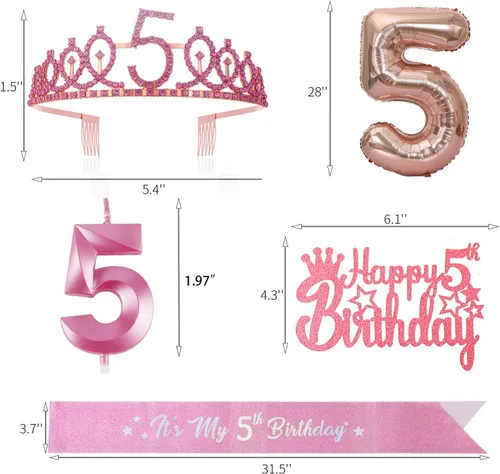 Miniatura 2 de Banda y Tiara de Cumpleaños de 5 Años con Vela, Banda de Cumpleaños de "Es Mi Cumpleaños" con Corona de Diamantes de Imitación y Globo para Niñas