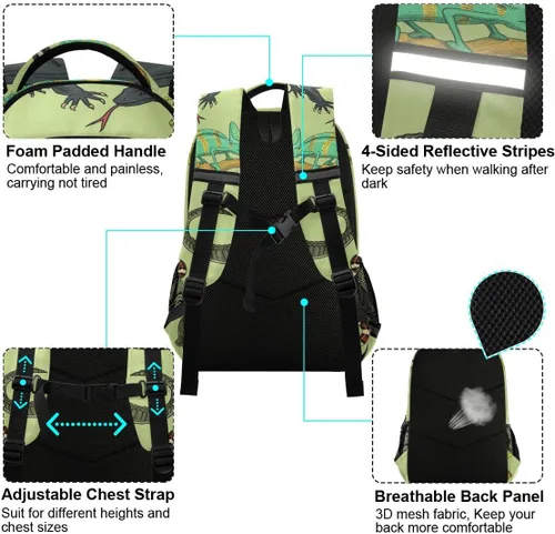 Miniatura 5 de Serpientes Lagarto Camaleón y Tortuga Animal Mochila con rayas reflectantes, mochila escolar para computadora portátil, mochila ligera