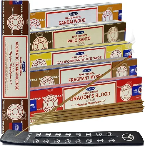 Miniatura 2 de Paquete de varillas de incienso Satya #10 y paquete con soporte con 6 fragancias clásicas: sándalo, sangre de dragón, palo santo, salvia blanca