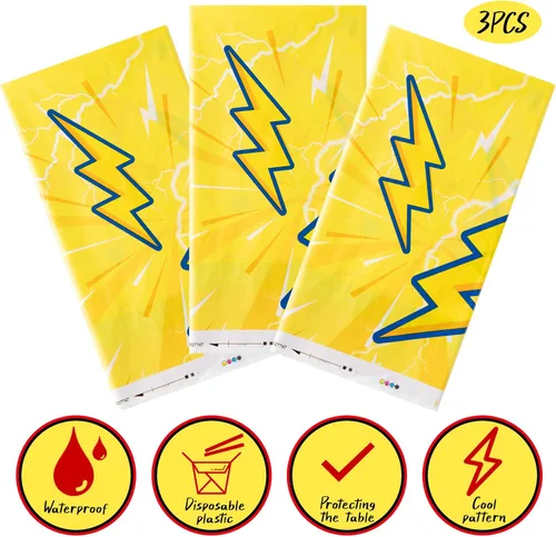 Miniatura 3 de BOpusail 3 piezas de fundas de mesa con temática de dibujos animados con diseño de rayos, manteles rectangulares desechables de plástico, Amarillo