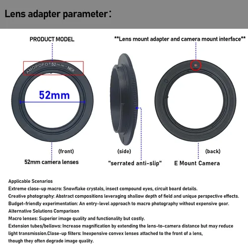 Miniatura 2 de Anillo inverso de lente macro NEX de 2.047 in a NEX compatible con A9 A7 A7s A7R A7II A7RII A7SII A6300 A5100 A6000 A5000 A3000 NEX-5T NEX-3N 2.047