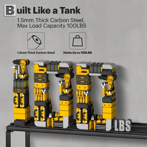 Miniatura 6 de Organizador de Herramientas Eléctricas de Servicio Pesado para Montaje en Pared, Estante de Metal de 3 Capas con 4 Soportes para Taladro