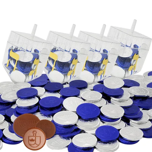 Miniatura 7 de The Dreidel Company 2 paquetes de Dreidel rellenos con monedas de Hanukkah Gelt azules y plateadas, 10 monedas de Hanukkah Gelt por Dreidel, total