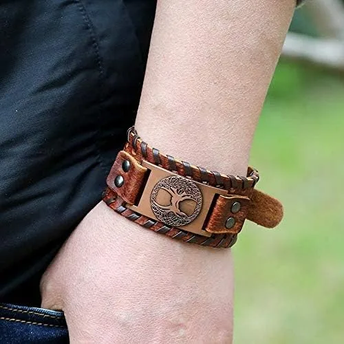 Miniatura 2 de Brújula vikinga nórdica Vegvisir Fenrir Wolf Tree Of Life Yggdrasil Valknut Brown Pulsera de cuero vikingo
