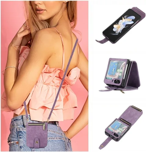 UEEBAI Funda tipo cartera cruzada para Samsung Galaxy Z Flip 5 5G, ranuras para tarjetas, cubierta cruzada ajustable con cremallera, correa de