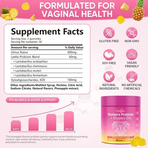 Miniatura 3 de Gomitas de probióticos femeninos con olmo resbaladizo – 60 gomitas de piña para mujeres ph equilibrio, probióticos vaginales que apoyan la flora