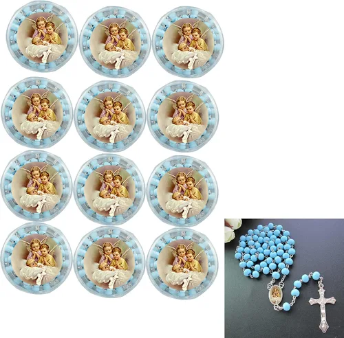 WE Rosario azul perfumado para bautismo para bebé niño, 12 rosarios de madera con caja de regalo individual y bolsas/Recuerdos de mi Bautizo