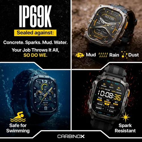 Miniatura 6 de CARBINOX Edge Smart Watch resistente, 1.96 ″ AMOLED, acero inoxidable, IP69K/5ATM rastreadores de fitness, doble banda GNSS, 500mAh, llamadas Negro