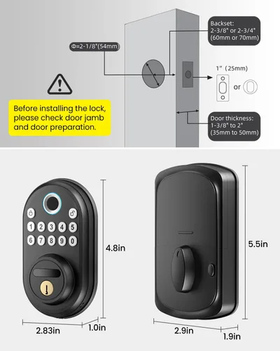 Miniatura 8 de Cerradura de puerta de huellas dactilares con teclado, cerradura inteligente de entrada sin llave para puerta delantera con 2 llaves, bloqueo