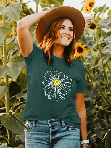 Miniatura 2 de Chulianyouhuo Camiseta de manga corta con estampado de girasol para mujer, camiseta casual para adolescentes y niñas