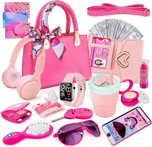 Bolso para niña con maquillaje de simulación para niños pequeños, juego de monedero para niños, incluye bolso, auriculares de juego, cartera,