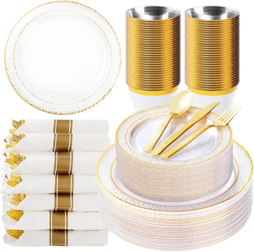 Bestluck 350 piezas de platos de plástico transparentes con ribete dorado para 50 invitados, juego de vajilla desechable para fiesta y boda,