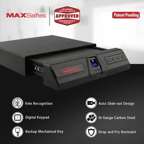 Miniatura 3 de MAXSafes Caja fuerte deslizante para pistola con bloqueo biométrico de vena de dedo, acceso rápido, caja fuerte para debajo del escritorio, caja