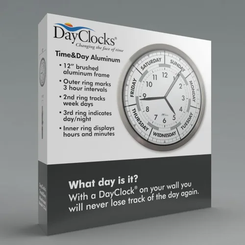 Miniatura 3 de Reloj de pared de hora y día de la semana con marco de aluminio moderno de 12 pulgadas, regalo de jubilación ideal para hombres y mujeres, reloj