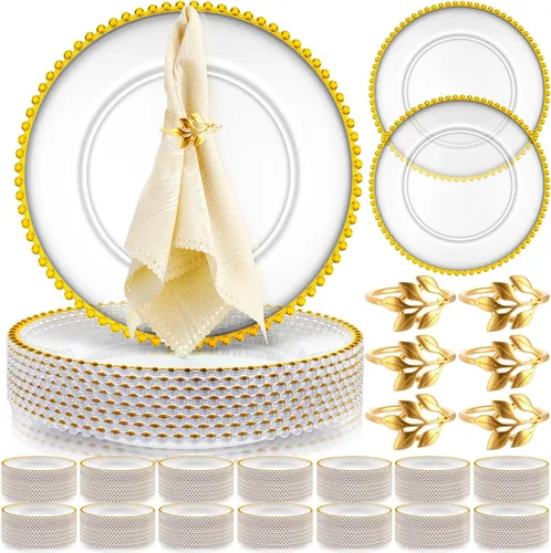 Bokon Juego de 50 platos de carga transparentes a granel de 13 pulgadas con cuentas de plástico con servilleteros, platos decorativos redondos de