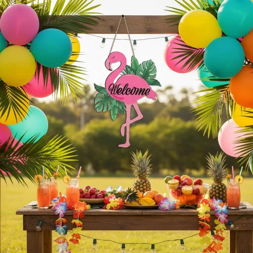 Miniatura 6 de Bucherry Letrero de bienvenida para puerta de flamenco, decoración tropical de verano, decoración tropical de madera, arte hawaiano de madera