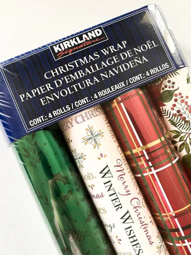 Miniatura 3 de Kirkland Signature 4 rollos de papel de regalo de Navidad, 180 pies cuadrados, flor de pascua, a cuadros, blanco hueso, verde