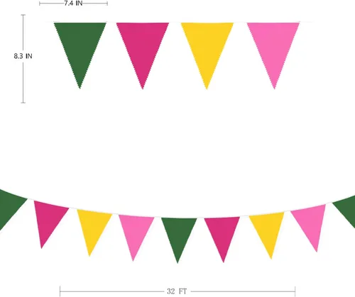 Miniatura 3 de Bandera triangular de 32 pies, color rosa intenso, verde, amarillo, banderín, guirnalda para flamenco, aloha tropical, luna, selva, hawaiana