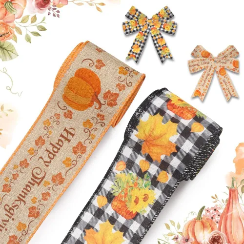 Miniatura 8 de Hying 2 rollos de cintas de gnomos de otoño para lazos de corona, cinta de borde con alambre de Acción de Gracias, cintas de arpillera natural